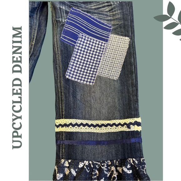 Upcycled Denim Bell Bottom Jeans Patchwork Ribbon Lace Blue Cream White Size 27 - Picture 6 of 8